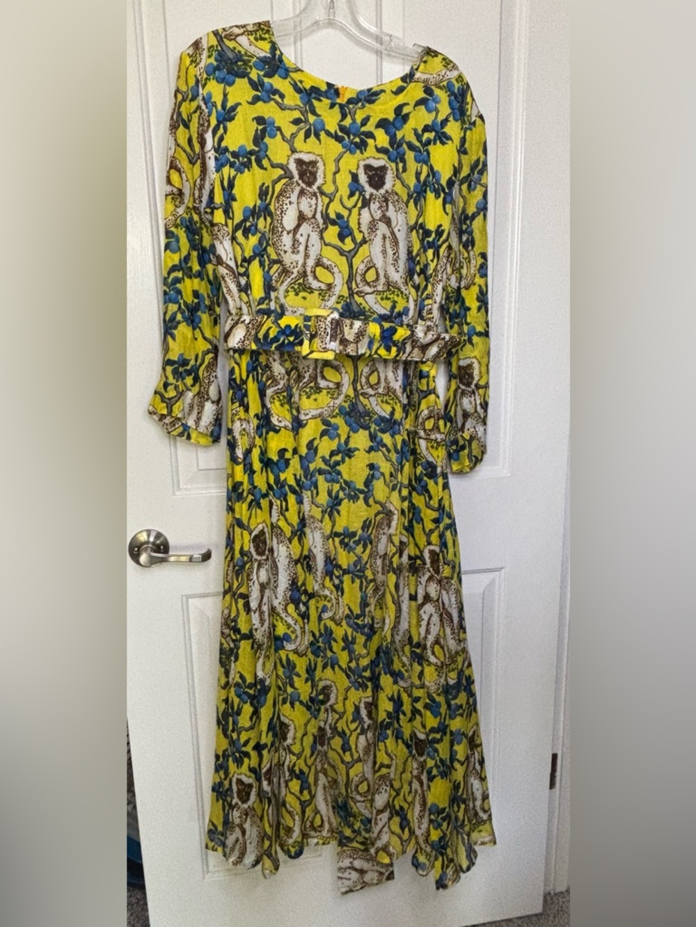 NWT SAMANTHA SUNG Yellow Floral & Monkey Print Linen Dress w belt or sash Sz 12